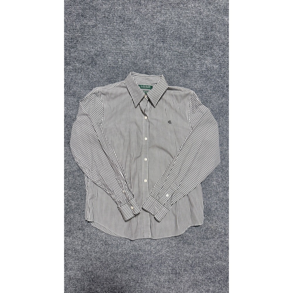 Lauren Ralph Lauren Non Iron Button Down Shirt Womens PM Blk/Wh Stripes Sleeve